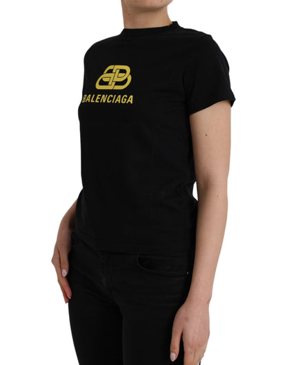 T-shirt col rond manches courtes en coton noir avec logo Balenciaga