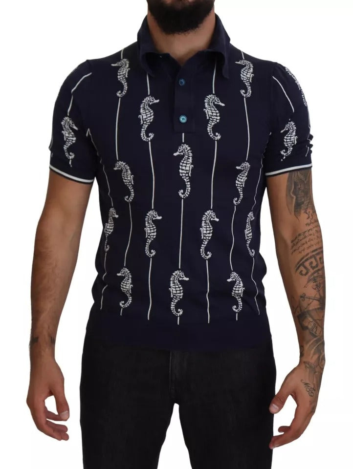 Dolce & Gabbana Dark Blue Sea Horse Collared Polo T-shirt by Dolce & Gabbana