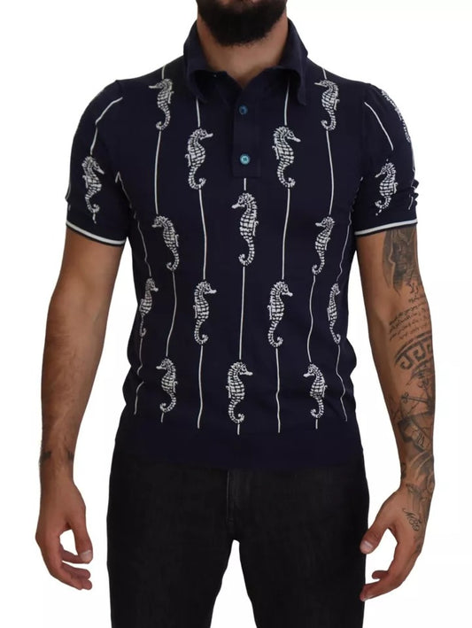 Dolce & Gabbana Dark Blue Sea Horse Collared Polo T-shirt by Dolce & Gabbana