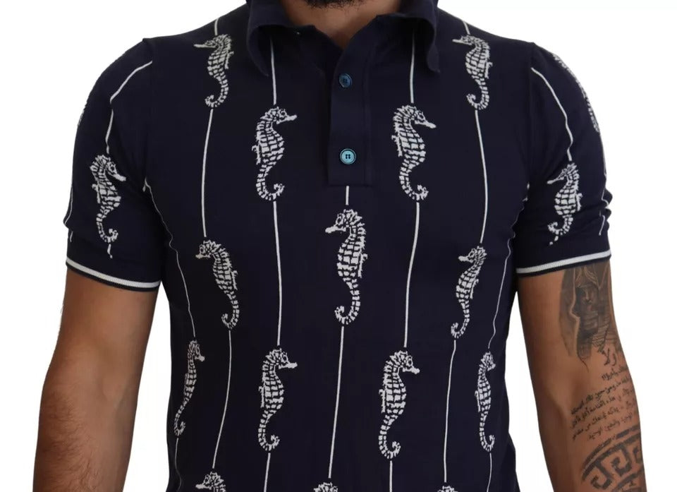 Dolce & Gabbana Dark Blue Sea Horse Collared Polo T-shirt by Dolce & Gabbana
