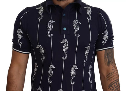 Dolce & Gabbana Dark Blue Sea Horse Collared Polo T-shirt by Dolce & Gabbana
