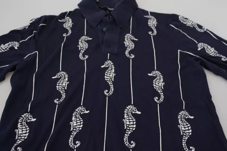 Dolce & Gabbana Dark Blue Sea Horse Collared Polo T-shirt by Dolce & Gabbana