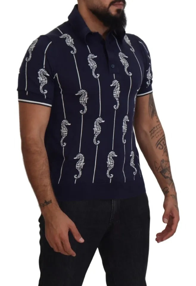 Dolce & Gabbana Dark Blue Sea Horse Collared Polo T-shirt by Dolce & Gabbana