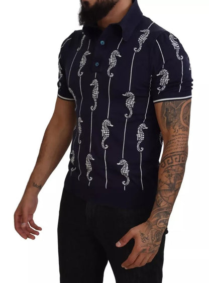 Dolce & Gabbana Dark Blue Sea Horse Collared Polo T-shirt by Dolce & Gabbana
