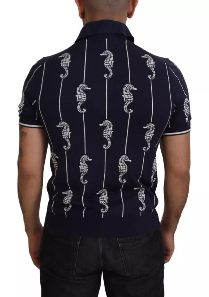 Dolce & Gabbana Dark Blue Sea Horse Collared Polo T-shirt by Dolce & Gabbana