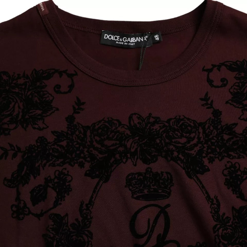 Dolce & Gabbana Maroon DG Crown Floral Crewneck Men T-shirt by Dolce & Gabbana