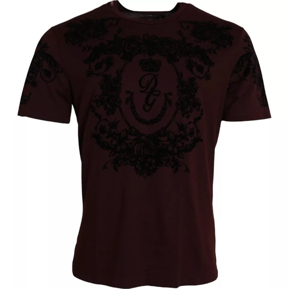 Dolce & Gabbana Maroon DG Crown Floral Crewneck Men T-shirt by Dolce & Gabbana