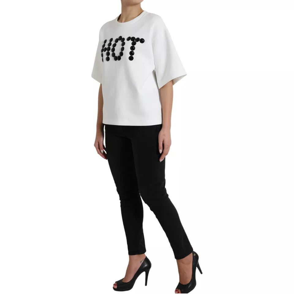 Dolce & Gabbana White Cotton Black HOT Crystal Top T-shirt by Dolce & Gabbana