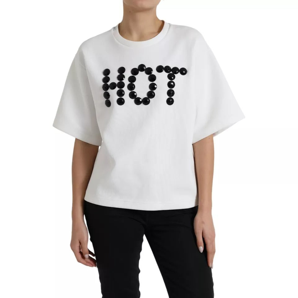 Dolce & Gabbana White Cotton Black HOT Crystal Top T-shirt by Dolce & Gabbana