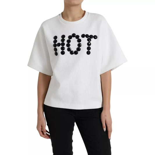 Dolce & Gabbana White Cotton Black HOT Crystal Top T-shirt by Dolce & Gabbana