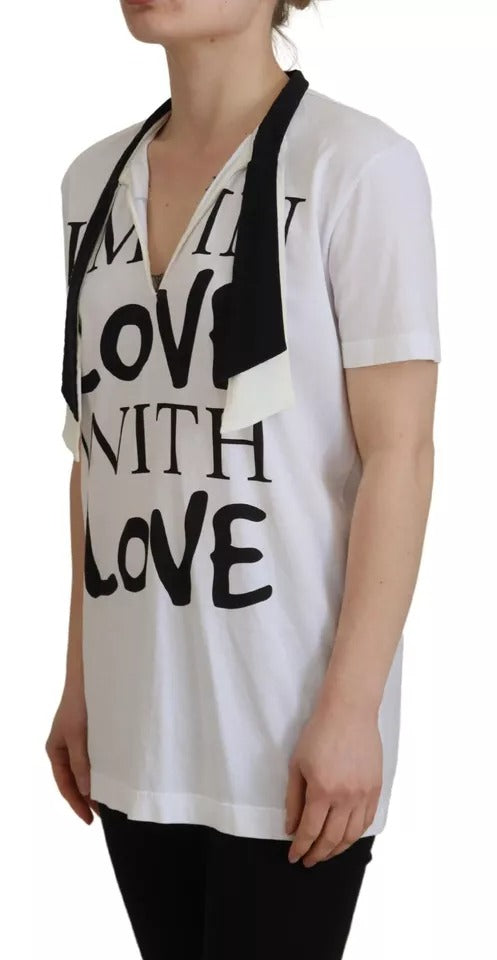 Dolce & Gabbana White Cotton Printed Ascot Collared T-shirt by Dolce & Gabbana