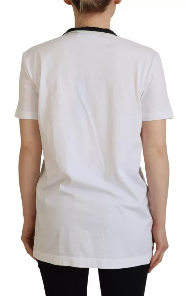 Dolce & Gabbana White Cotton Printed Ascot Collared T-shirt by Dolce & Gabbana