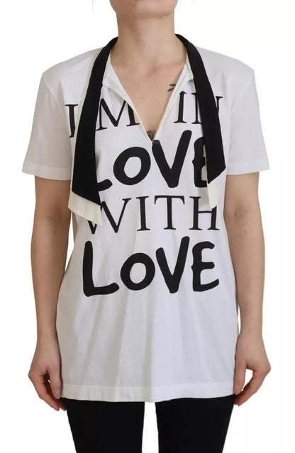 Dolce & Gabbana White Cotton Printed Ascot Collared T-shirt by Dolce & Gabbana