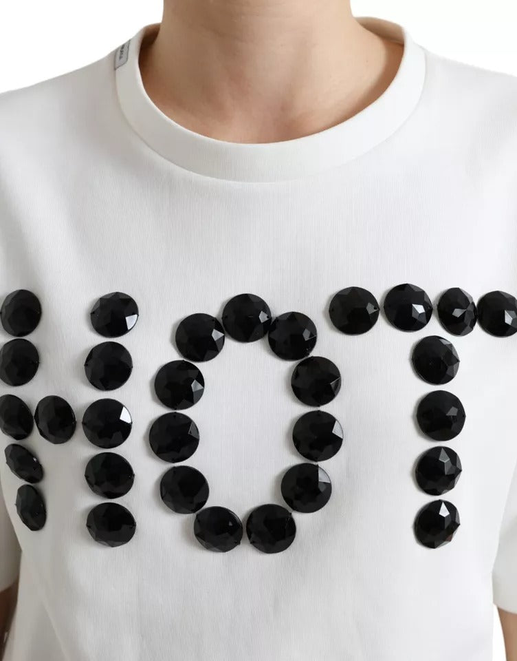Dolce & Gabbana White Cotton Stretch Black HOT Crystal T-shirt by Dolce & Gabbana