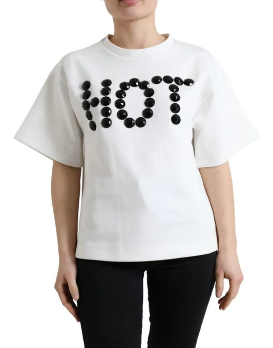 Dolce & Gabbana White Cotton Stretch Black HOT Crystal T-shirt by Dolce & Gabbana