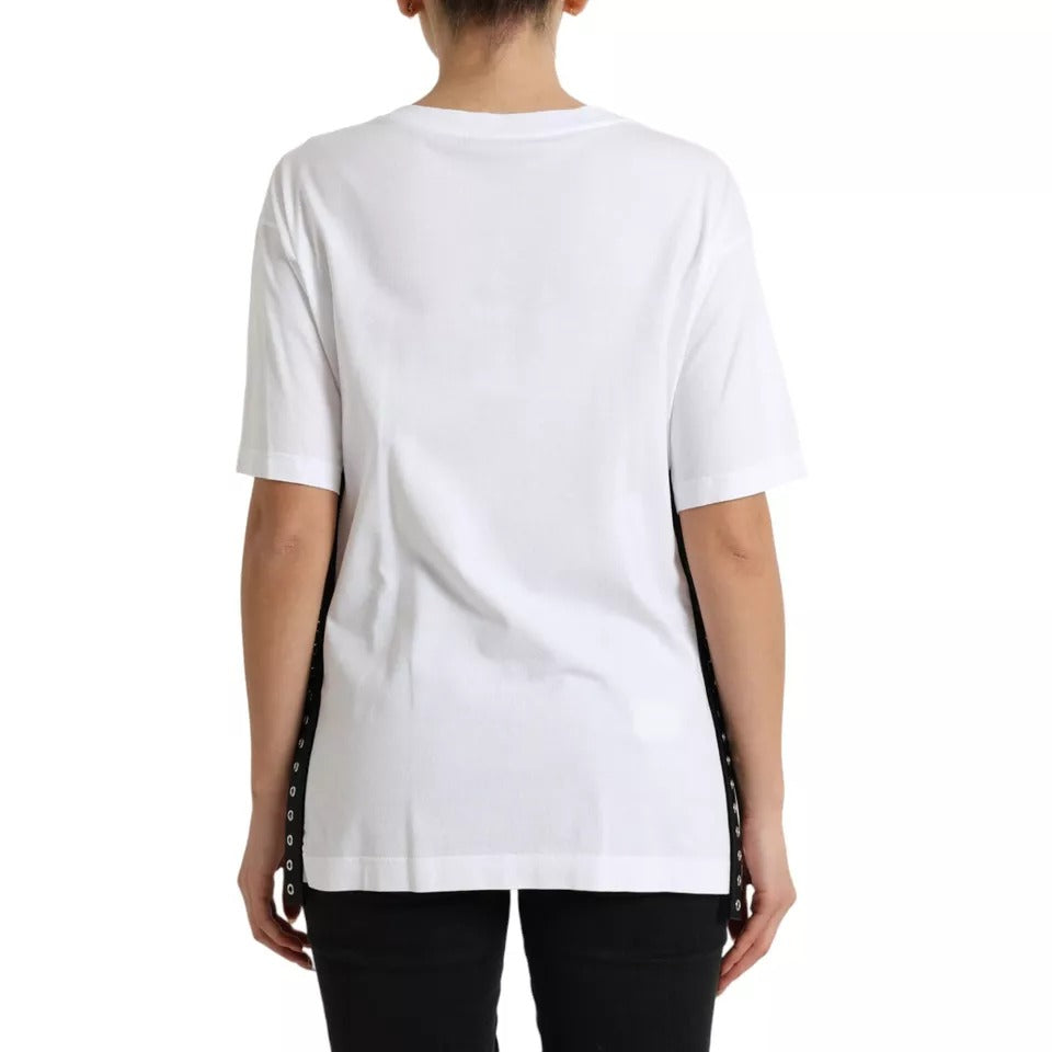 Dolce & Gabbana White Slogan Print Lacing Detailed T-shirt by Dolce & Gabbana