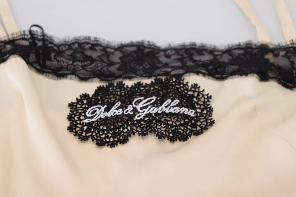 Dolce & Gabbana Beige Lace Spaghetti Logo Embroidery Top by Dolce & Gabbana