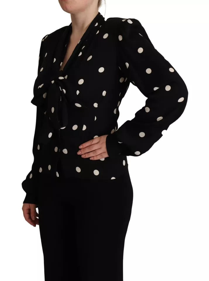 Dolce & Gabbana Black Polka Dots Silk Pussy Bow Long Sleeves Top by Dolce & Gabbana