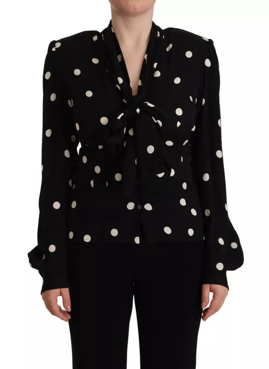 Dolce & Gabbana Black Polka Dots Silk Pussy Bow Long Sleeves Top by Dolce & Gabbana