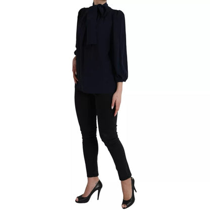 Dolce & Gabbana Blue Long Sleeves Ascot Collar Blouse Top by Dolce & Gabbana