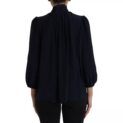 Dolce & Gabbana Blue Long Sleeves Ascot Collar Blouse Top by Dolce & Gabbana