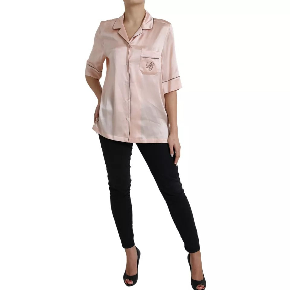 Dolce & Gabbana Pink Silk Long Sleeves Logo Pajama Blouse Top by Dolce & Gabbana