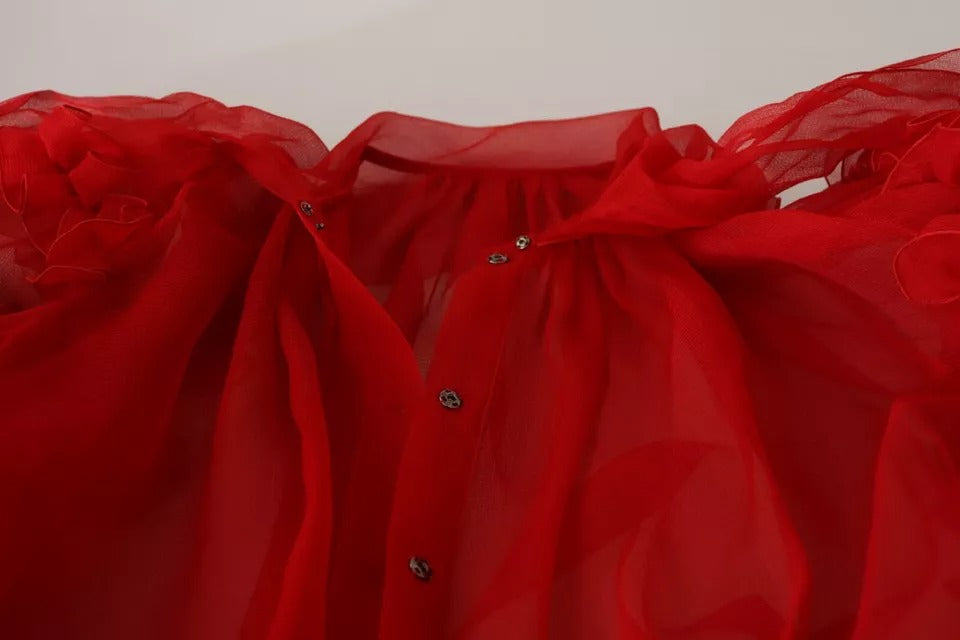 Dolce & Gabbana Red Silk Ascot Collar Ruffles Blouse Top by Dolce & Gabbana