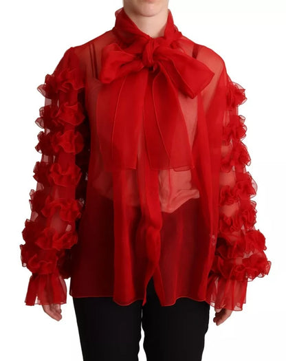 Dolce & Gabbana Red Silk Ascot Collar Ruffles Blouse Top by Dolce & Gabbana