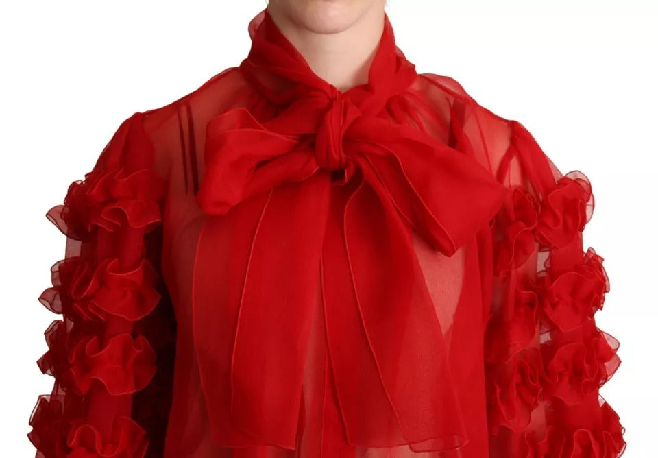 Dolce & Gabbana Red Silk Ascot Collar Ruffles Blouse Top by Dolce & Gabbana