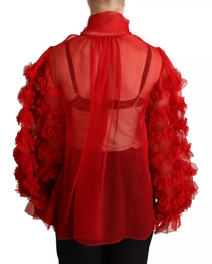 Dolce & Gabbana Red Silk Ascot Collar Ruffles Blouse Top by Dolce & Gabbana