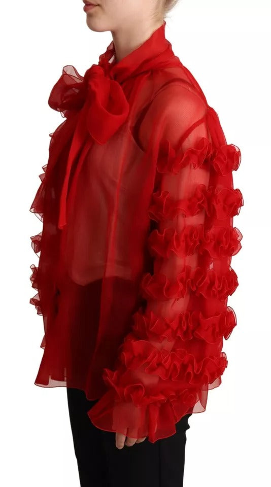 Dolce & Gabbana Red Silk Ascot Collar Ruffles Blouse Top by Dolce & Gabbana