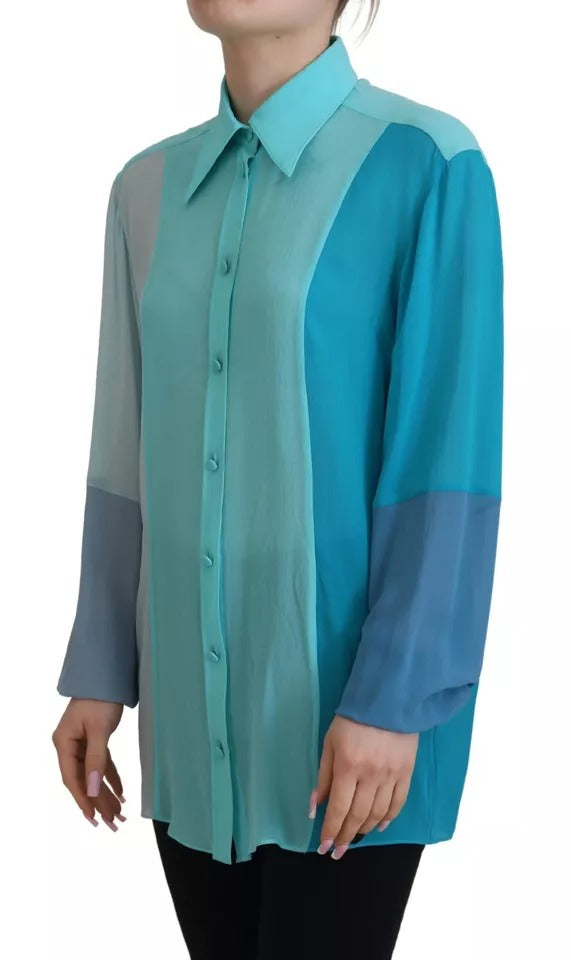 Dolce & Gabbana Blue Collar Long Sleeve Blouse Silk Top by Dolce & Gabbana