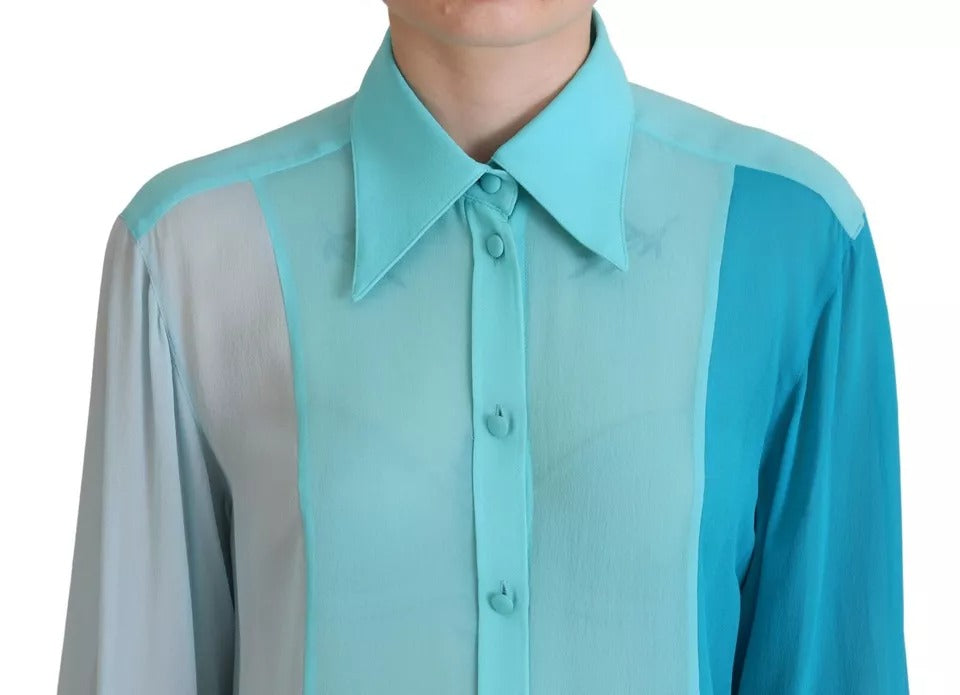 Dolce & Gabbana Blue Collar Long Sleeve Blouse Silk Top by Dolce & Gabbana