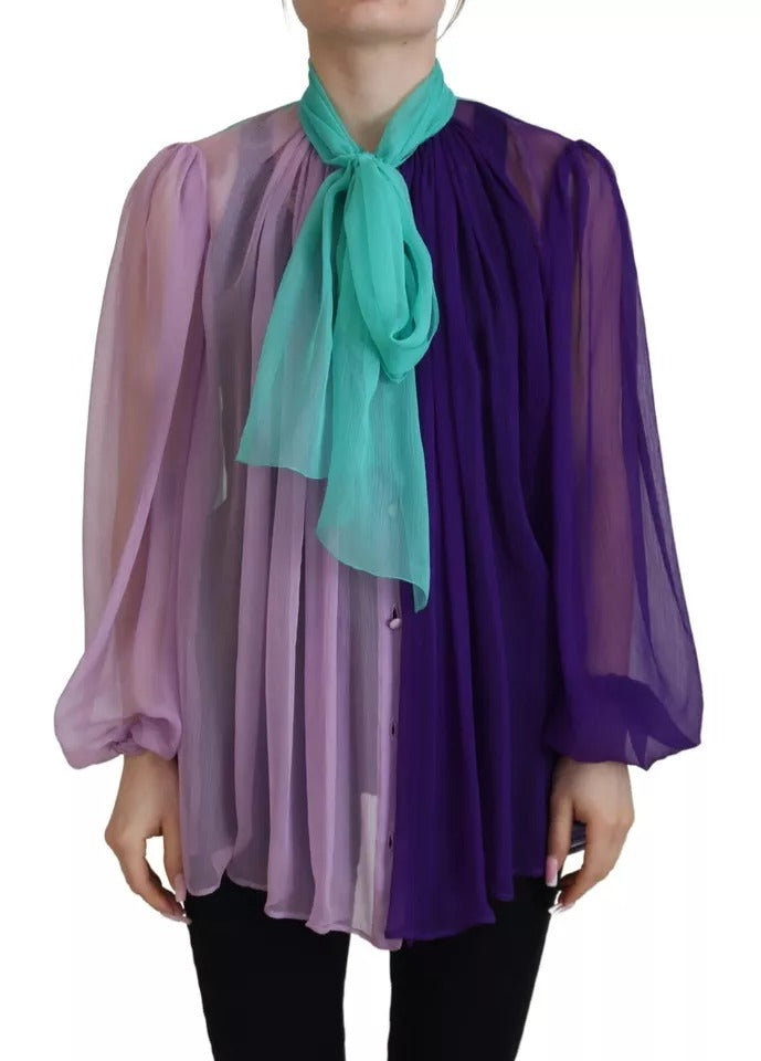 Dolce & Gabbana Multicolor Long Sleeves Ascot Collar Silk Top by Dolce & Gabbana