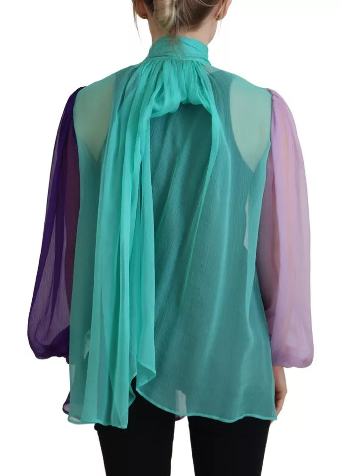 Dolce & Gabbana Multicolor Long Sleeves Ascot Collar Silk Top by Dolce & Gabbana