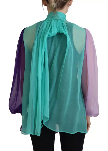 Dolce & Gabbana Multicolor Long Sleeves Ascot Collar Silk Top by Dolce & Gabbana