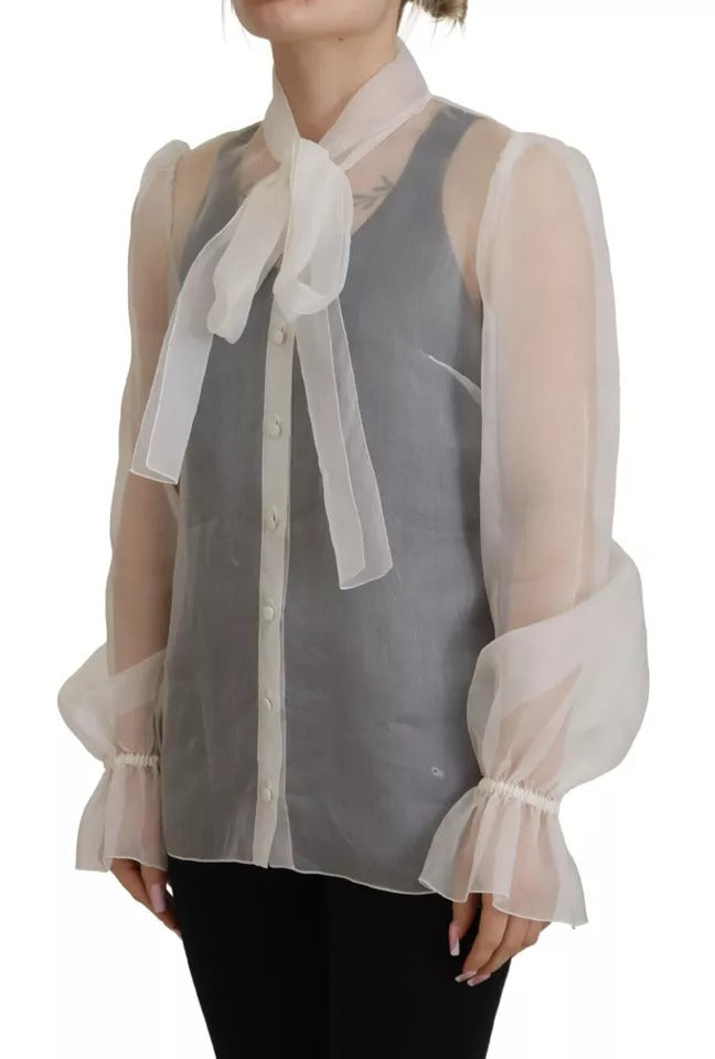 Dolce & Gabbana White Ascot Collar Long Sleeves Blouse Top by Dolce & Gabbana