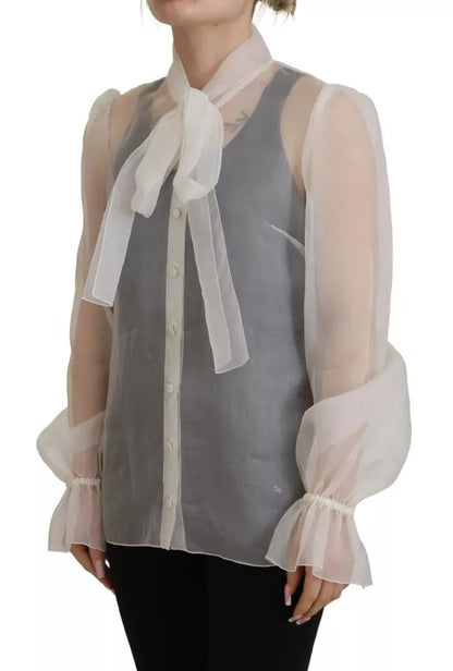 Dolce & Gabbana White Ascot Collar Long Sleeves Blouse Top by Dolce & Gabbana