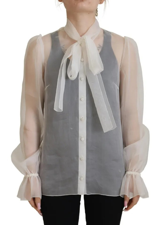 Dolce & Gabbana White Ascot Collar Long Sleeves Blouse Top by Dolce & Gabbana