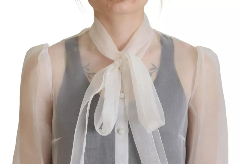 Dolce & Gabbana White Ascot Collar Long Sleeves Blouse Top by Dolce & Gabbana