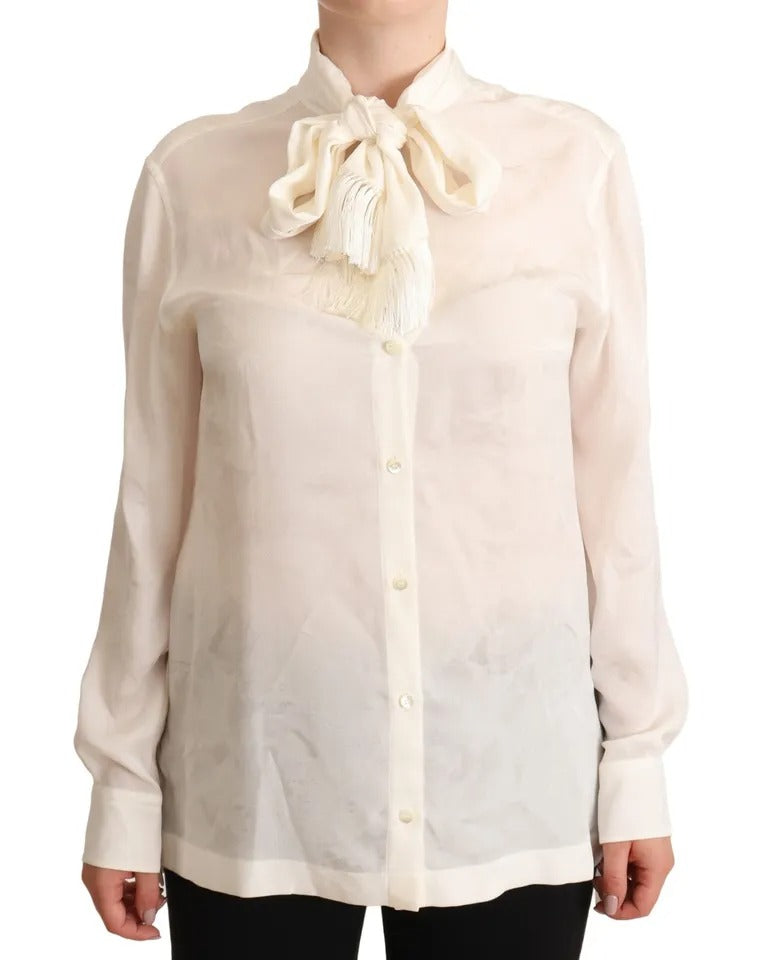 Dolce & Gabbana White Blouse Ascot Collar Shirt Silk Button Top by Dolce & Gabbana
