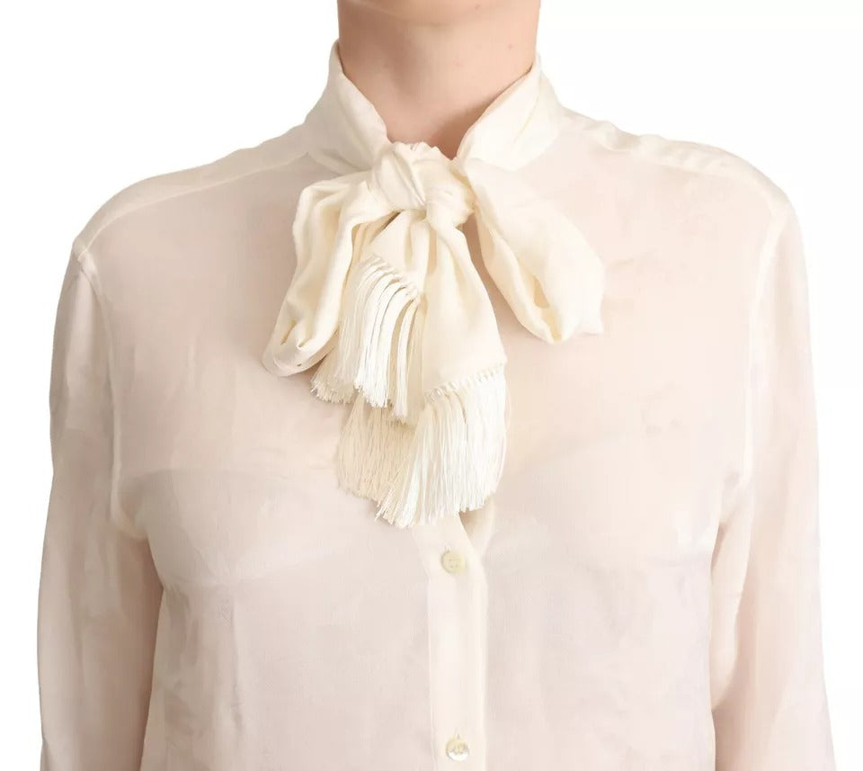 Dolce & Gabbana White Blouse Ascot Collar Shirt Silk Button Top by Dolce & Gabbana