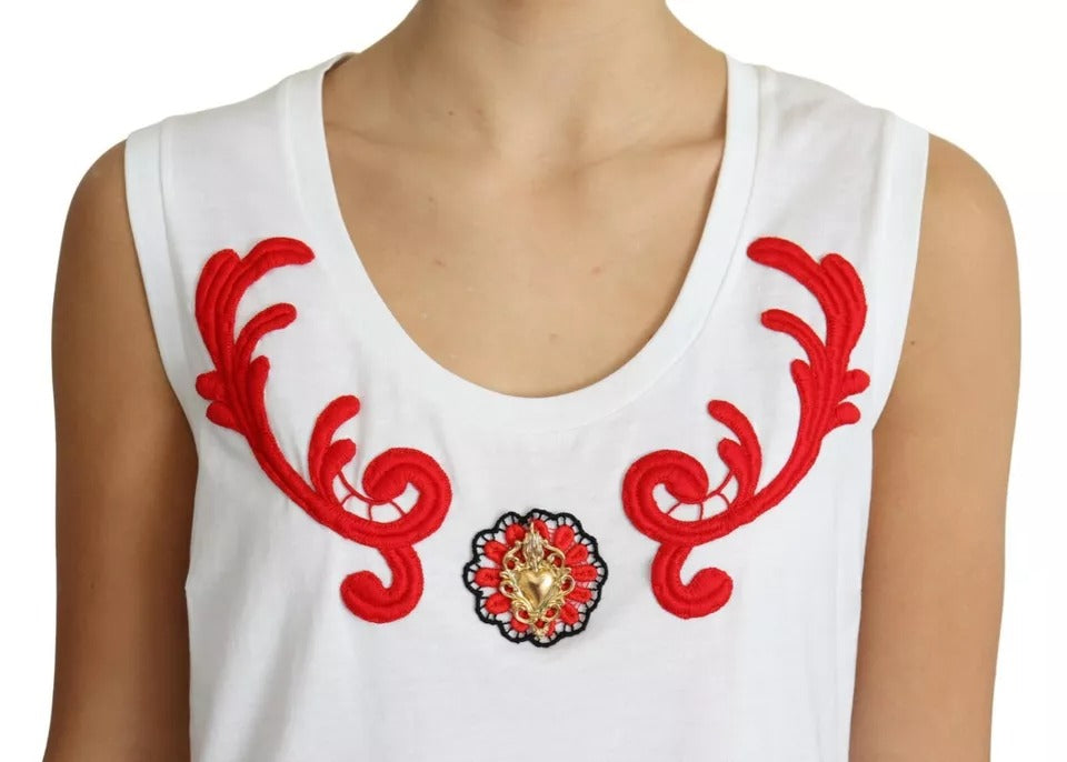 Dolce & Gabbana White Cotton Heart Applique Sleeveless Tank Top by Dolce & Gabbana