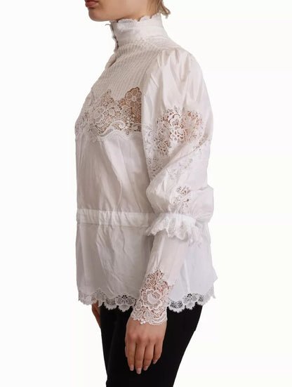 Dolce & Gabbana White Cotton Lace Trim Turtle Neck Blouse Top by Dolce & Gabbana
