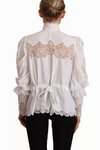 Dolce & Gabbana White Cotton Lace Trim Turtle Neck Blouse Top by Dolce & Gabbana
