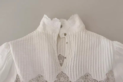 Dolce & Gabbana White Cotton Lace Trim Turtle Neck Blouse Top by Dolce & Gabbana