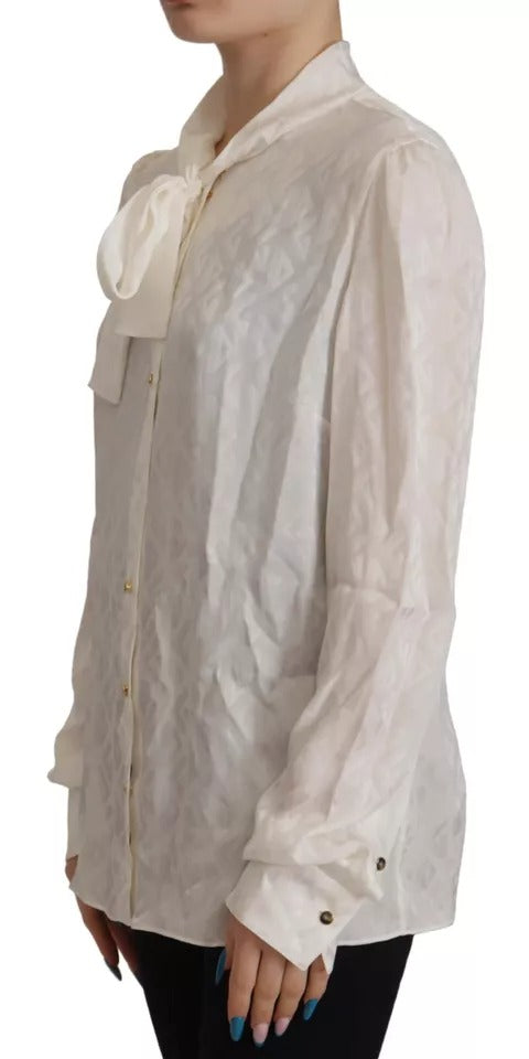 Dolce & Gabbana White Patterned Silk Ascot Collar Blouse Top by Dolce & Gabbana