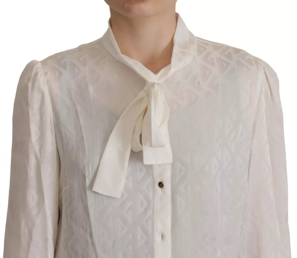 Dolce & Gabbana White Patterned Silk Ascot Collar Blouse Top by Dolce & Gabbana