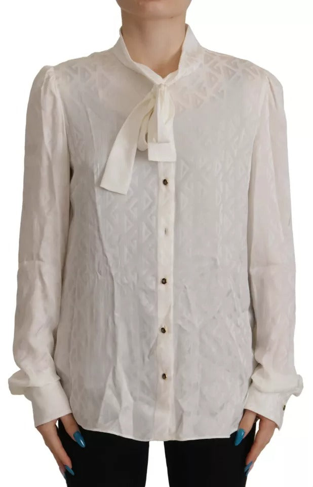 Dolce & Gabbana White Patterned Silk Ascot Collar Blouse Top by Dolce & Gabbana