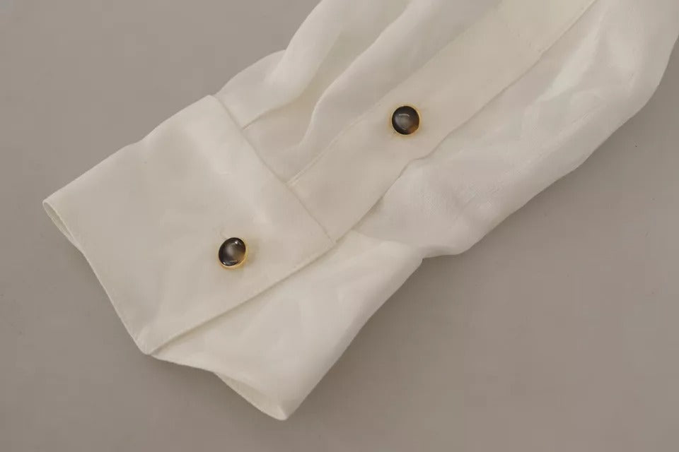 Dolce & Gabbana White Patterned Silk Ascot Collar Blouse Top by Dolce & Gabbana